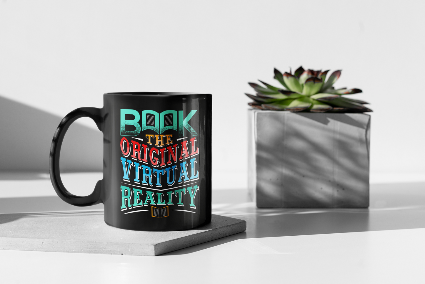 'Book - The Original Virtual Reality.' Black Glossy Mug for Coffee Lovers