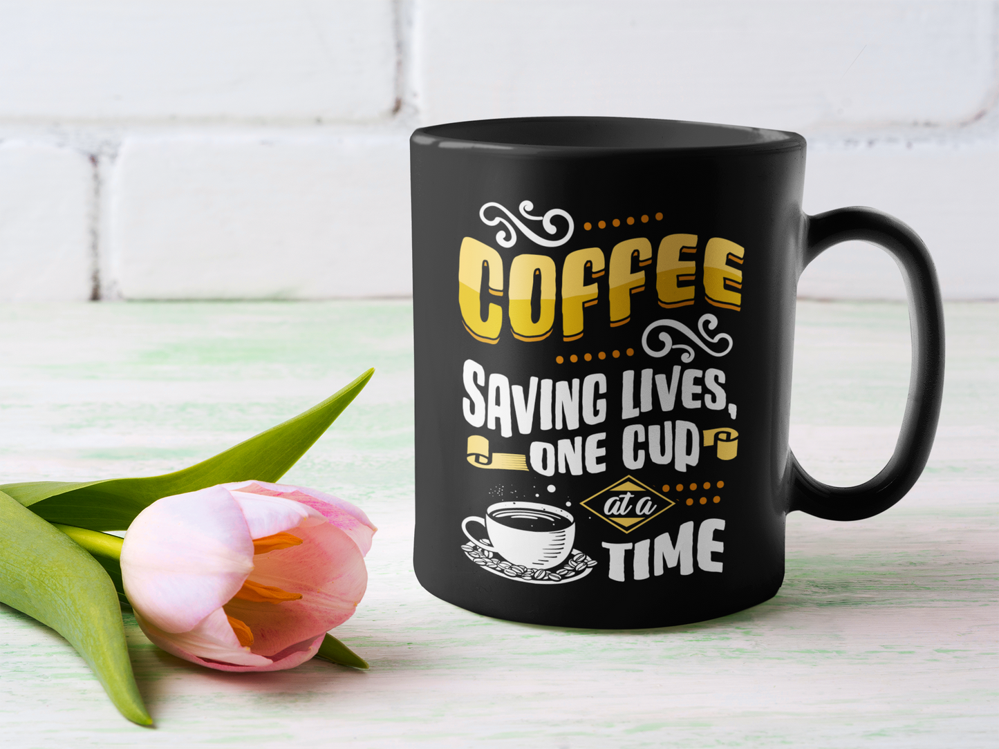 'Coffee - Saving Lives One Cup at a Time.' Black Glossy Mug for Coffee Lovers