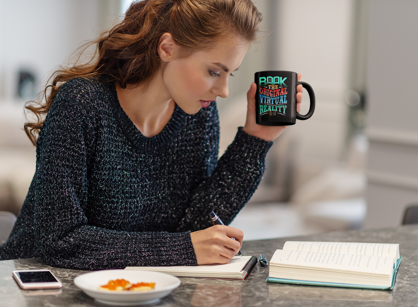 'Book - The Original Virtual Reality.' Black Glossy Mug for Coffee Lovers