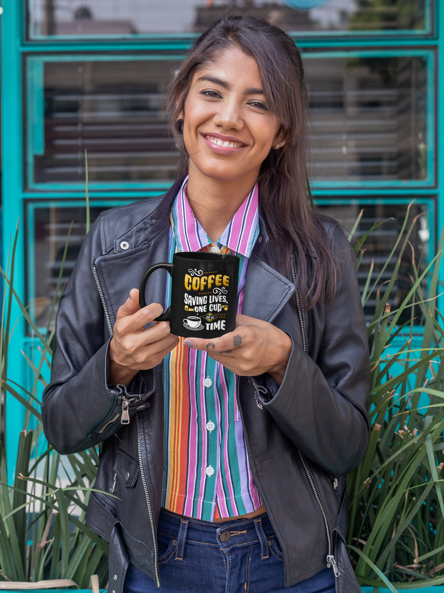 'Coffee - Saving Lives One Cup at a Time.' Black Glossy Mug for Coffee Lovers