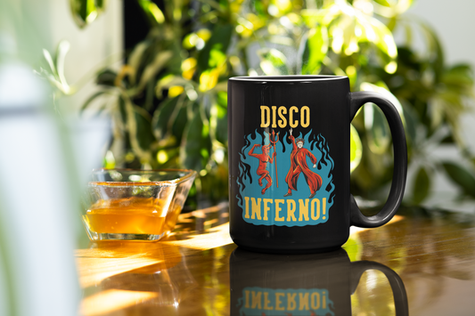 Buy 'Disco Inferno!' Black Glossy Coffee Mug | Dino's Tees