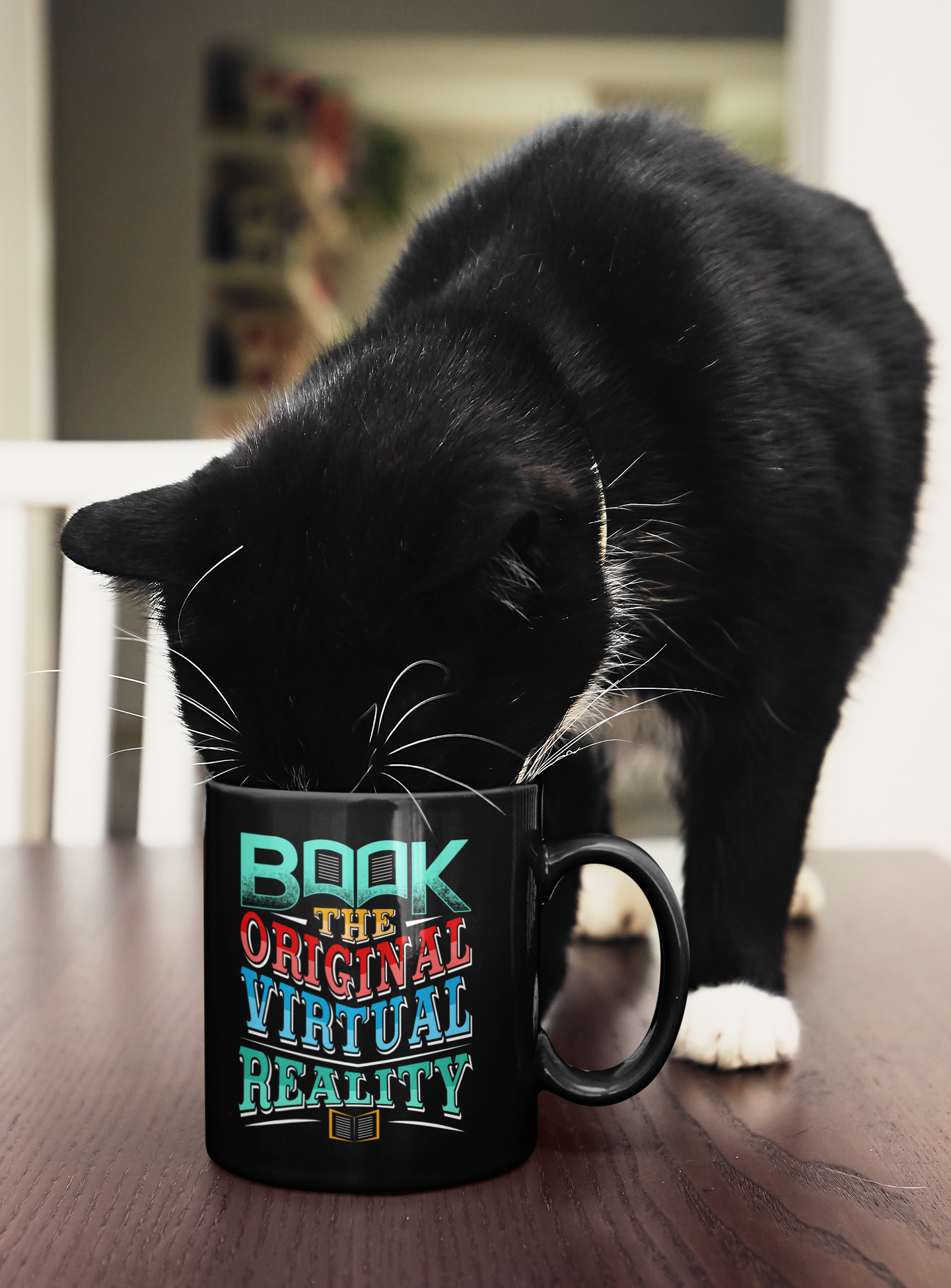 'Book - The Original Virtual Reality.' Black Glossy Mug for Coffee Lovers