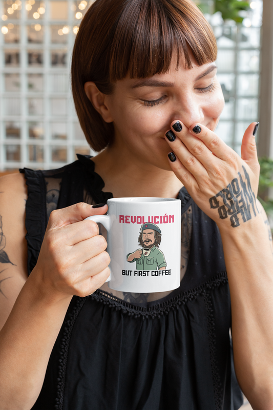 Buy REVOLUCION! But First Coffee Mug - Exclusive at Dino's Tees