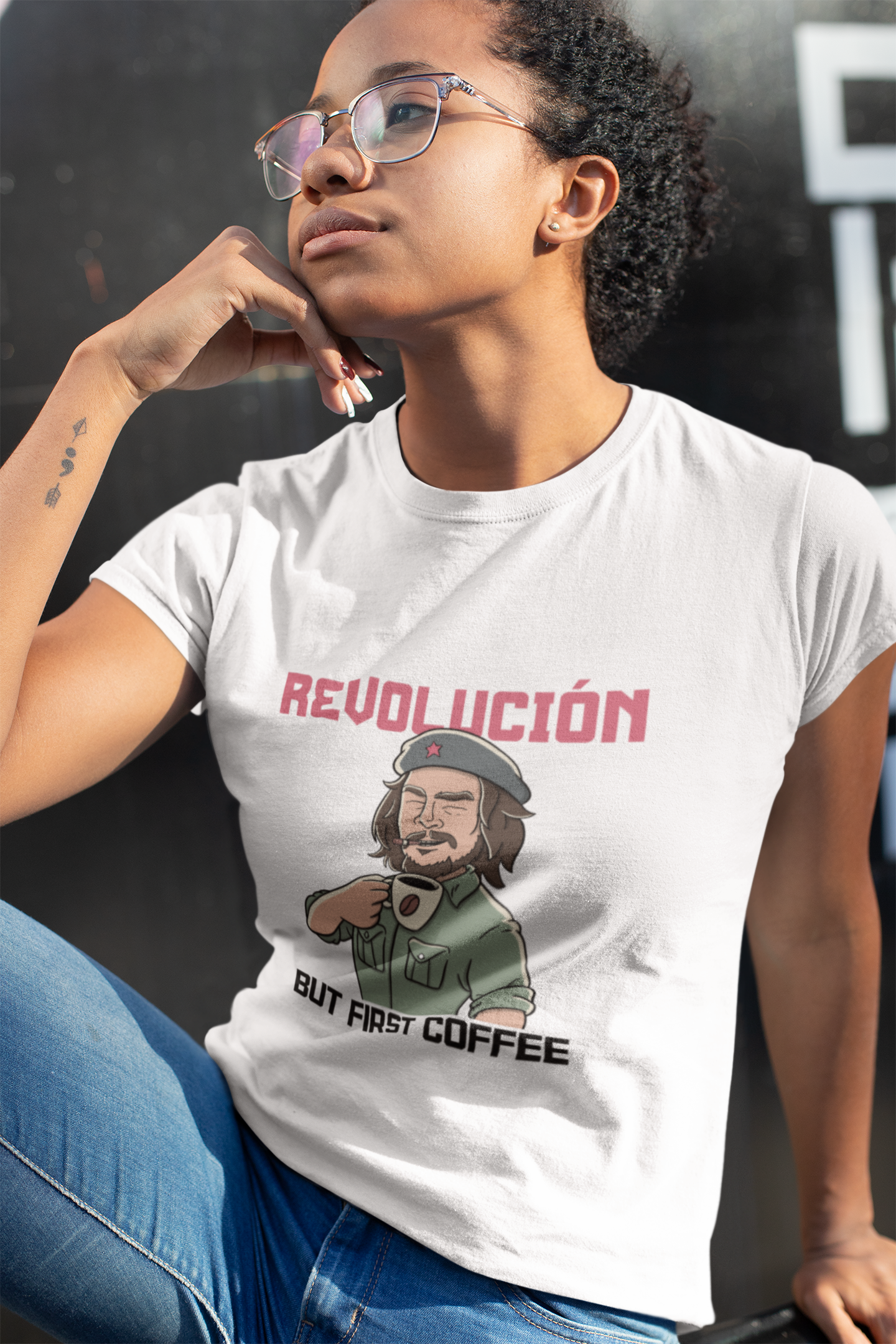 Buy REVOLUCION! BUT FIRST COFFEE Tee - Exclusive at Dino's Tees