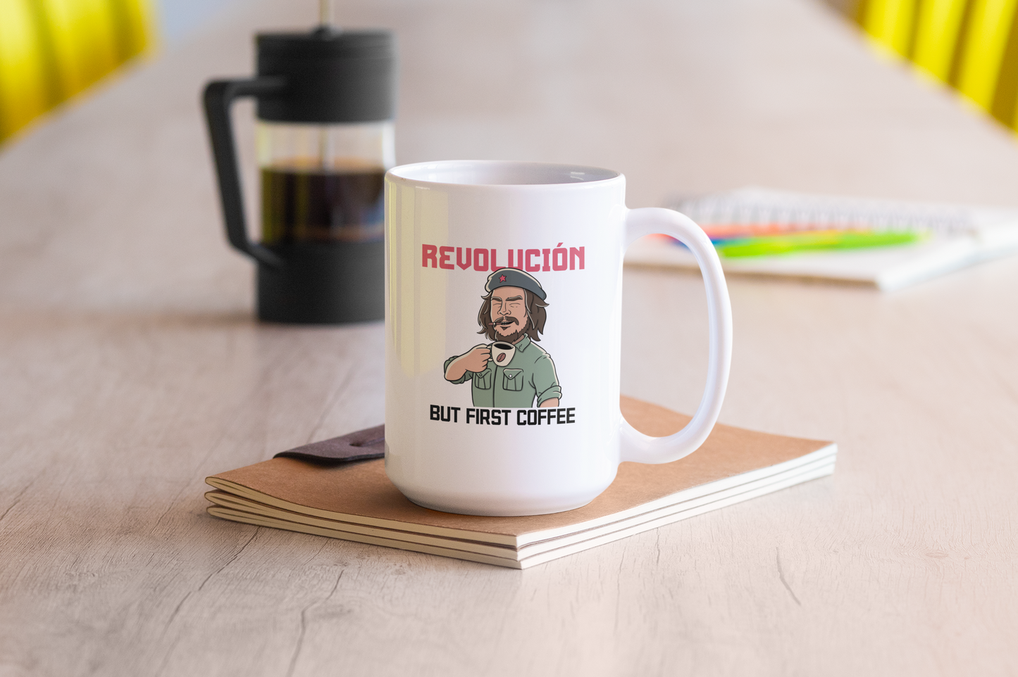 REVOLUCION! But First Coffee - White glossy mug for Coffee Lovers