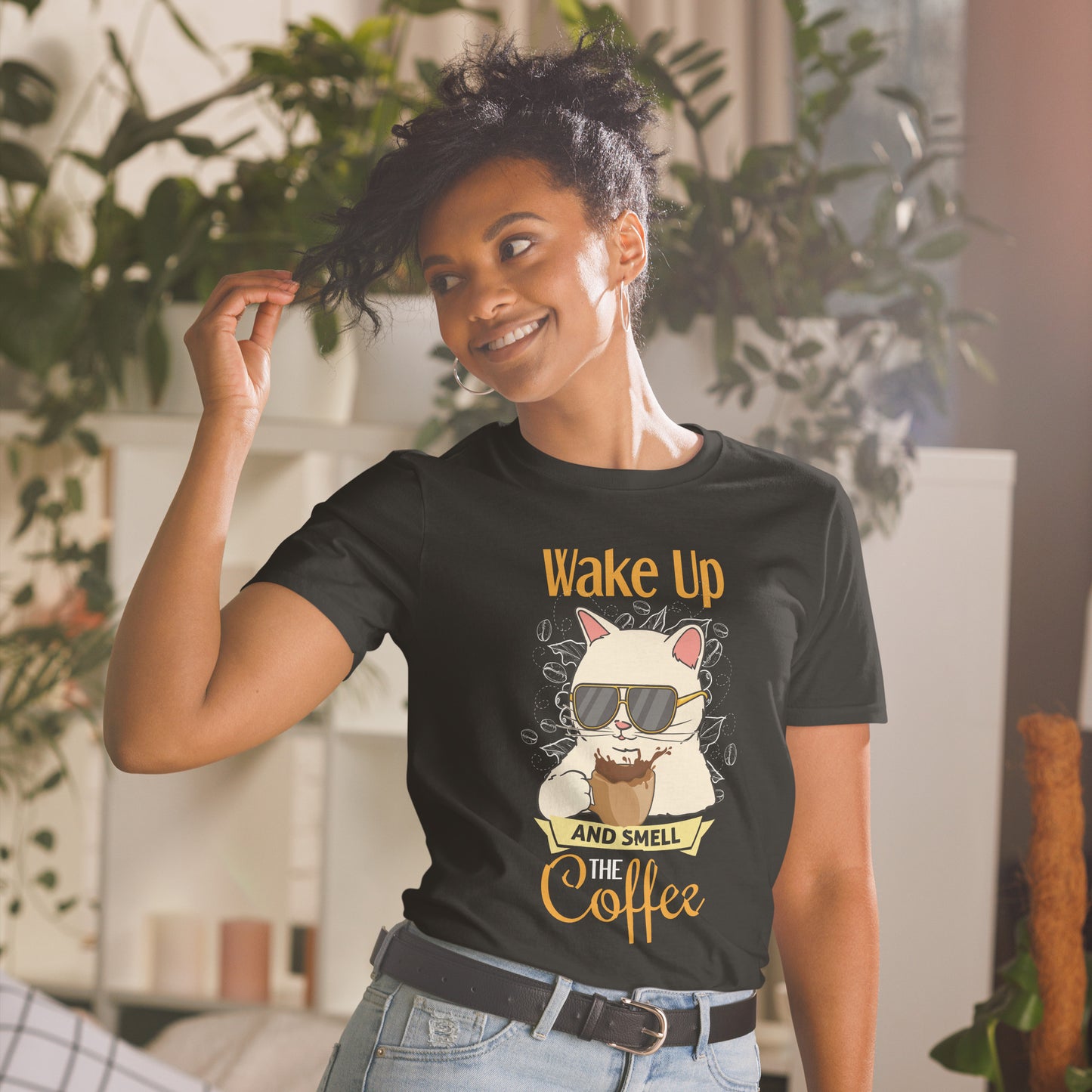 'Wake Up and Smell the Coffee' Purrfect Short-Sleeve Unisex T-Shirt for Coffee Lovers