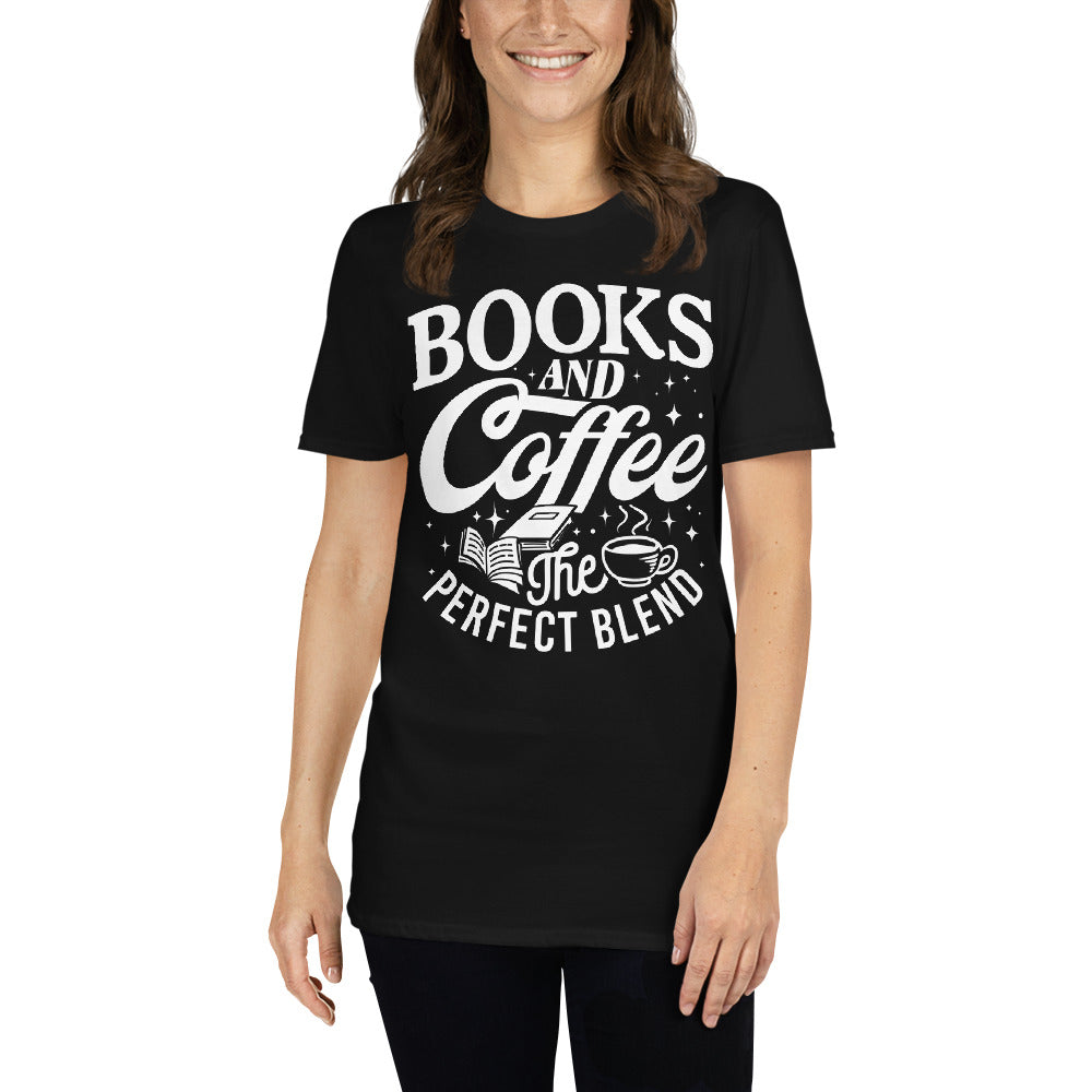 'Books and Coffee - The Perfect Blend.' Short-Sleeve Unisex T-Shirt For Book and Coffee Lovers