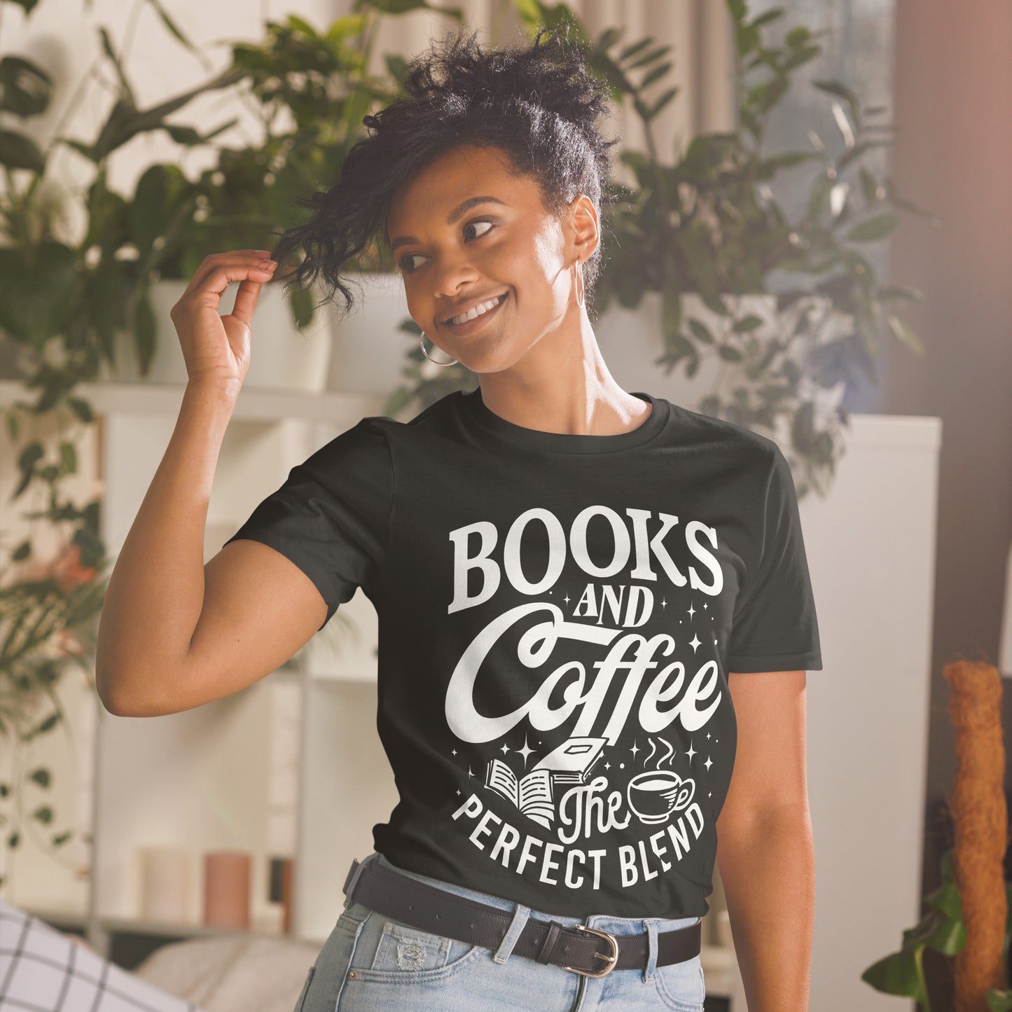 'Books and Coffee - The Perfect Blend.' Short-Sleeve Unisex T-Shirt For Book and Coffee Lovers