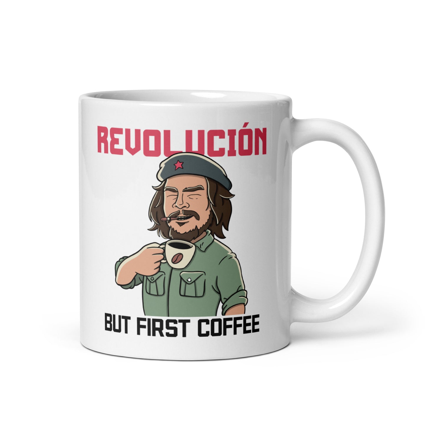 REVOLUCION! But First Coffee - White glossy mug for Coffee Lovers